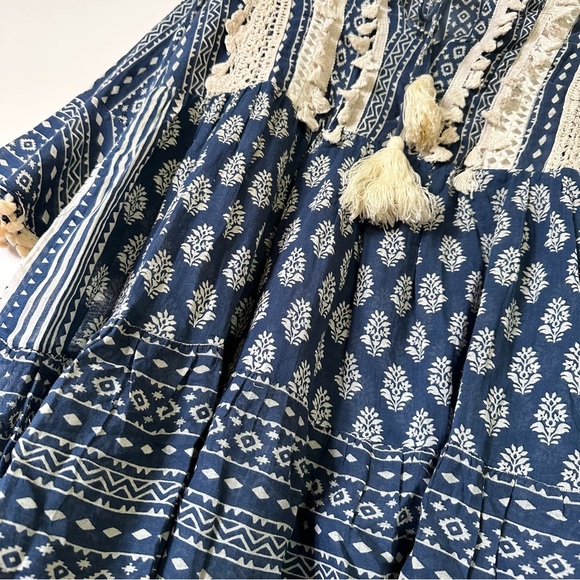 Blue Boho Chic Block Mix Match Print Tiered Mini Dress, Ties and Tassels/AU12 - Picture 5 of 7
